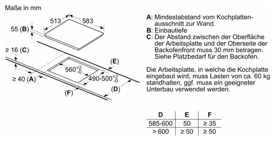 Einbauzeichnung Kochplatte mit Maßen in mm und Installationshinweisen.