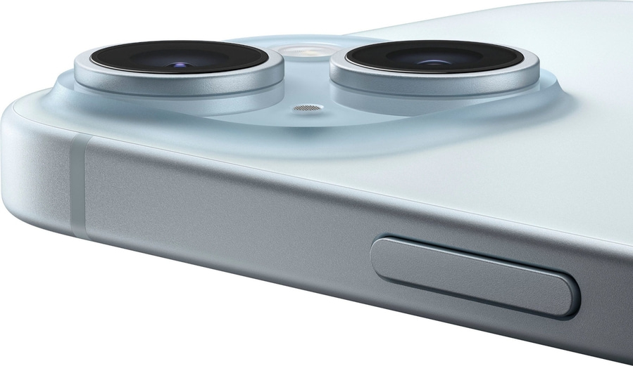 Nahaufnahme von Smartphone-Kamera und Seitentaste in Hellblau