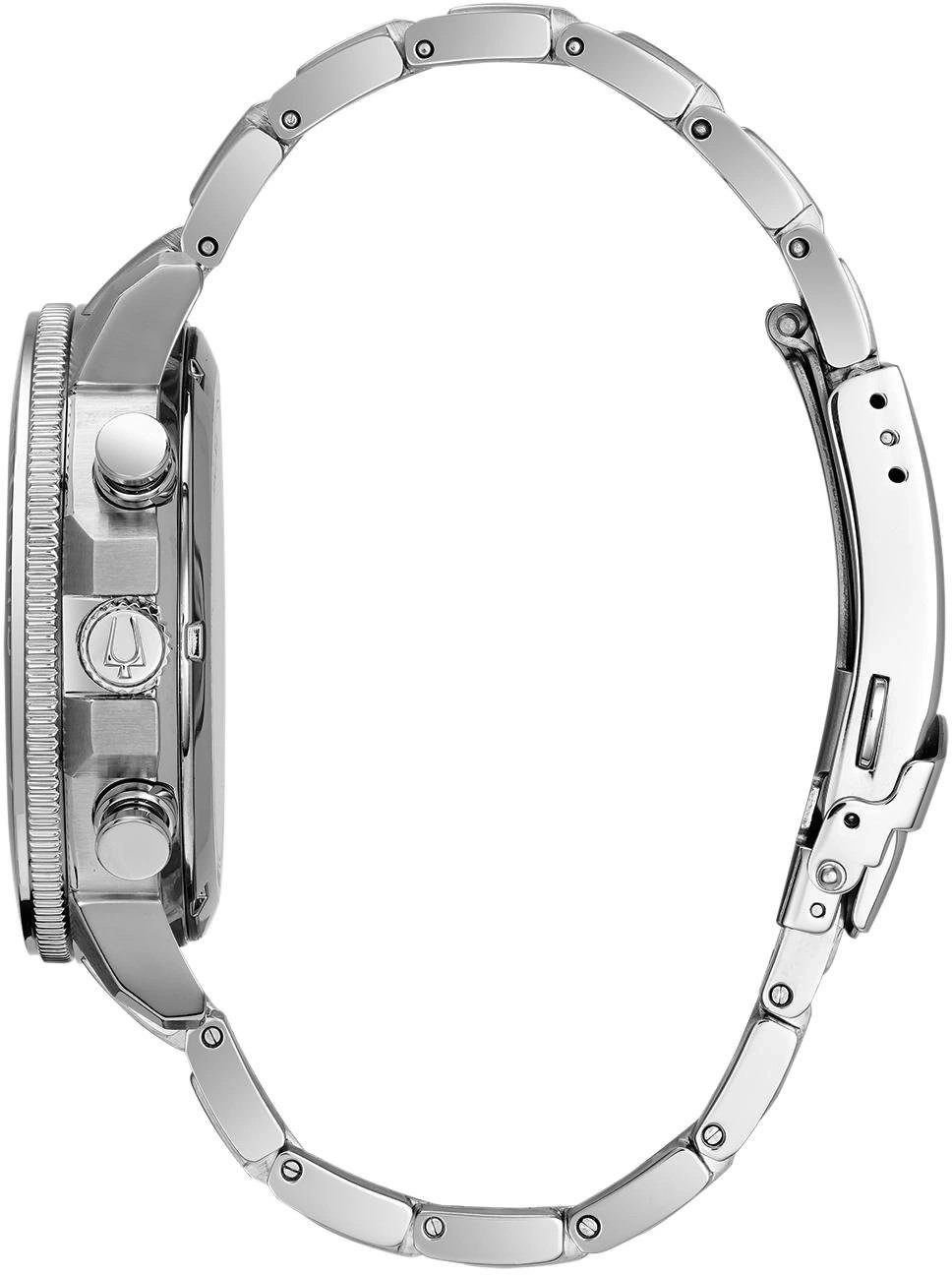 Nahaufnahme einer silbernen Armbanduhr mit schillerndem Metallarmband und Krone.