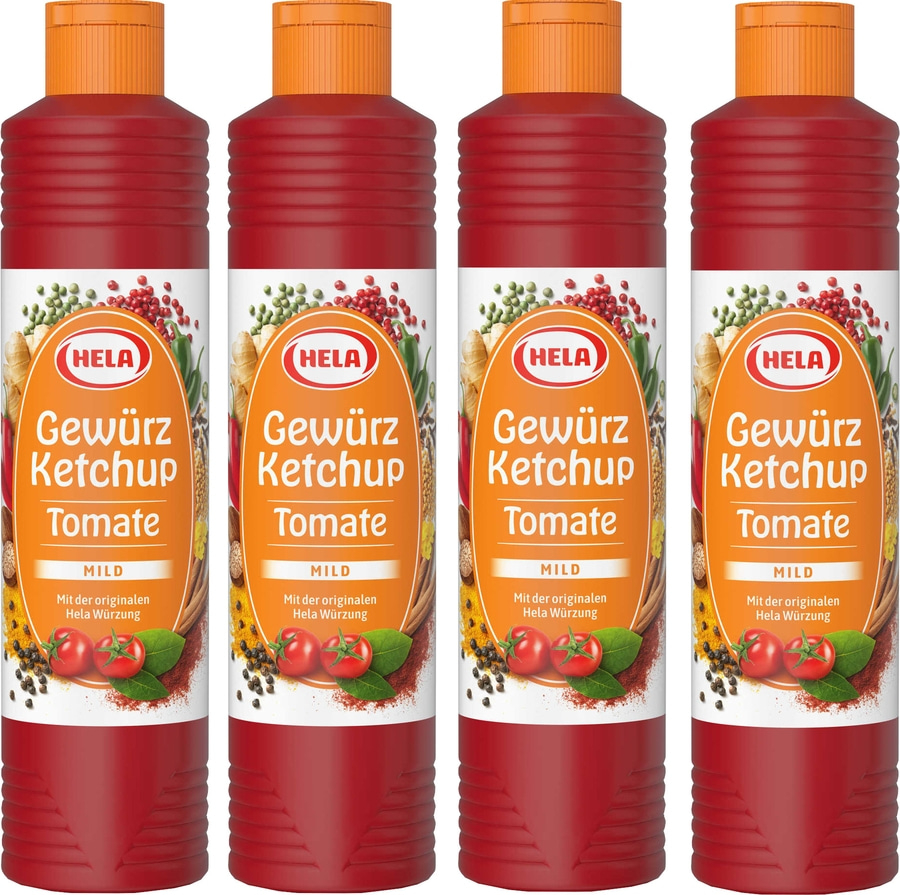 4 x Hela Ketchup Tomate mild Gewürzketchup 800 ml Flasche Ketchupflasche