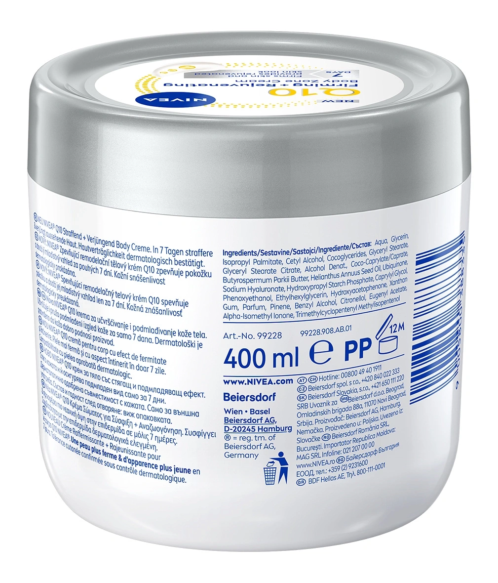 Nivea Q10 Body Cream jar on a white background.