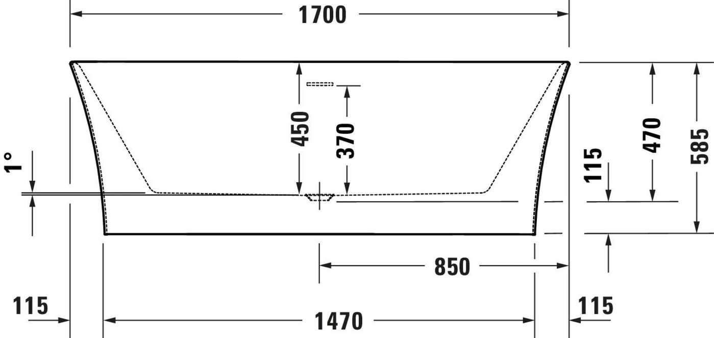 Badewanne mit Maßen: 1700, 1470, 850, 450, 370, 470, 585, 115, 1°.