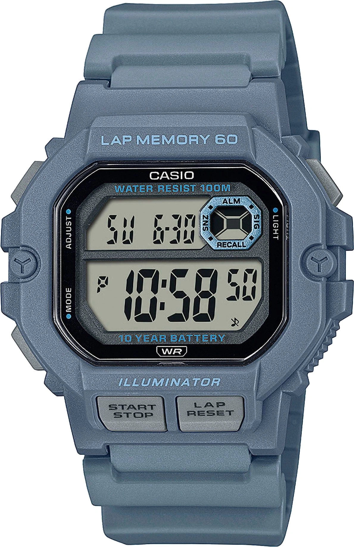 Graue Casio Digitaluhr mit Stoppuhr und Datum.