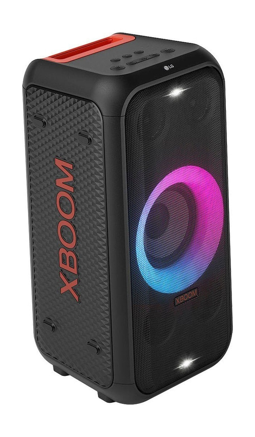 Schwarzer Lautsprecher mit XBOOM-Logo und farbigem Lichteffekt, LG-Logo