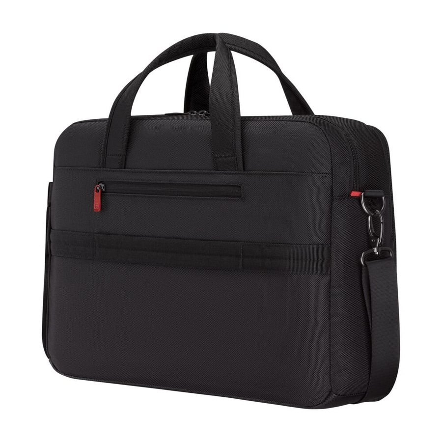 Schwarze Aktentasche mit Griffen und Schultergurt, Reißverschluss und rotem Akzent