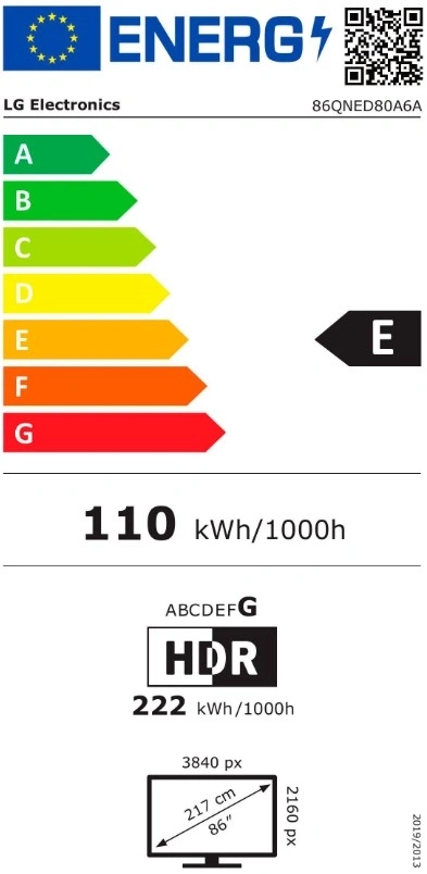 Energielabel für LG Fernseher mit Energieeffizienzklasse E und Angabe des Energieverbrauchs.