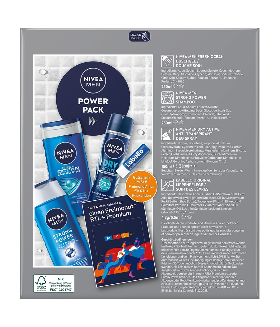 NIVEA MEN Power Pack, 2 x Geschenkset, Pflegedusche Deo Spray Shampoo Labello