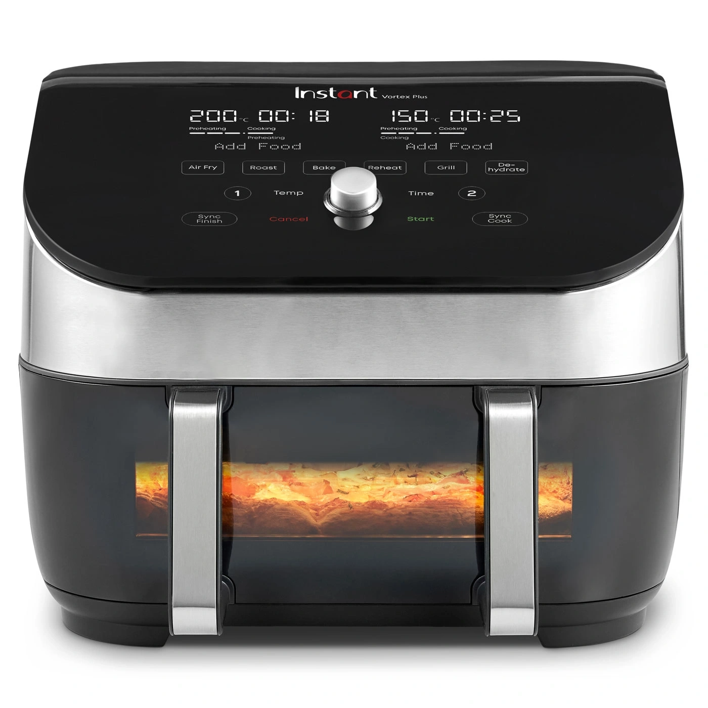 Instant Vortex Plus Airfryer mit Anzeige, Knöpfen und Essen im Inneren.
