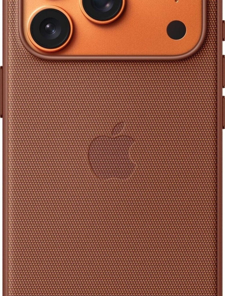 Nahaufnahme des Apple-Logos auf der Rückseite eines braunen iPhones mit Kameramodul.