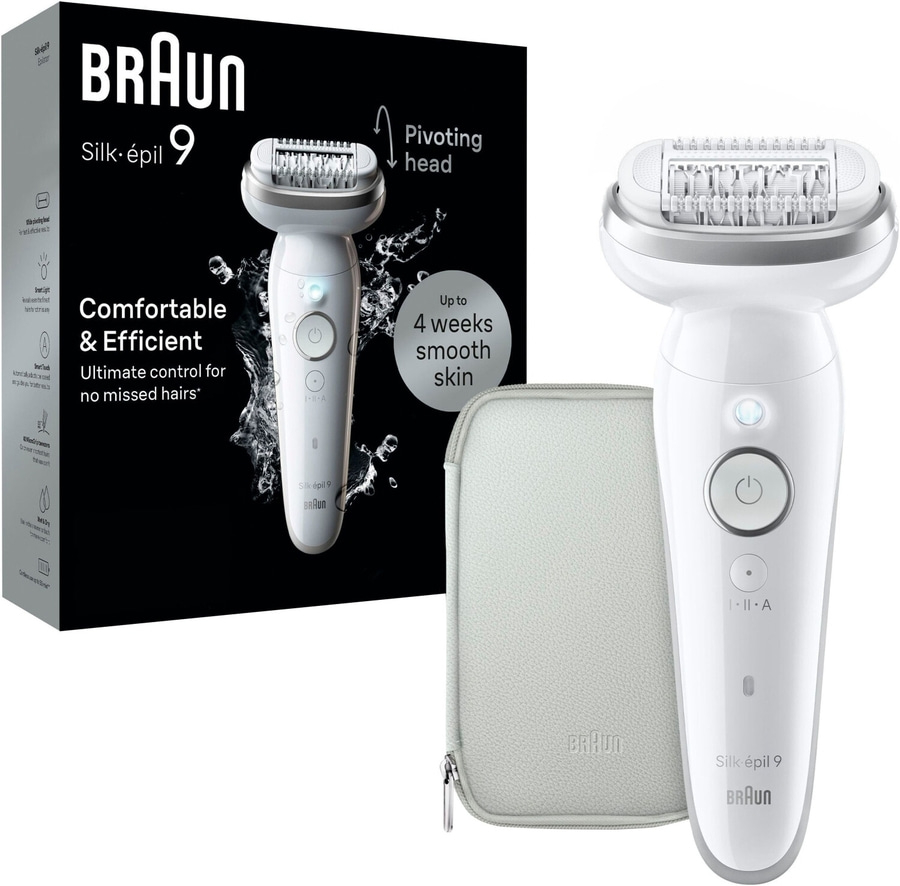 Braun Silk-épil 9 Epilierer, weiß, mit Zubehör, für glatte Haut