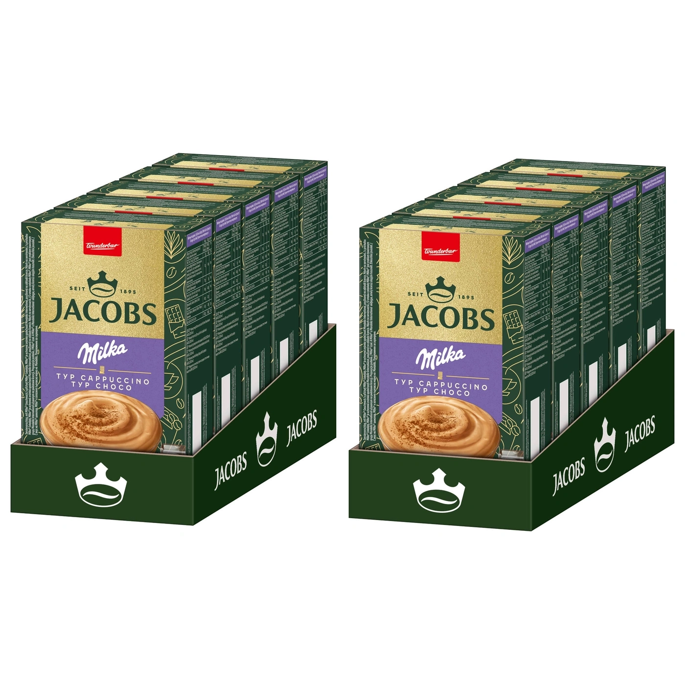 Zwei Jacobs Milka Cappuccino Typ Choco Packungen, bereit zum Verkauf im Geschäft.
