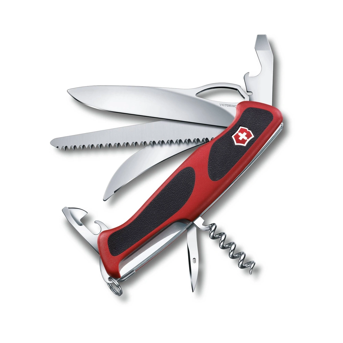 Schweizer Taschenmesser mit rotem Griff und verschiedenen Werkzeugen, wie Klinge und Säge.