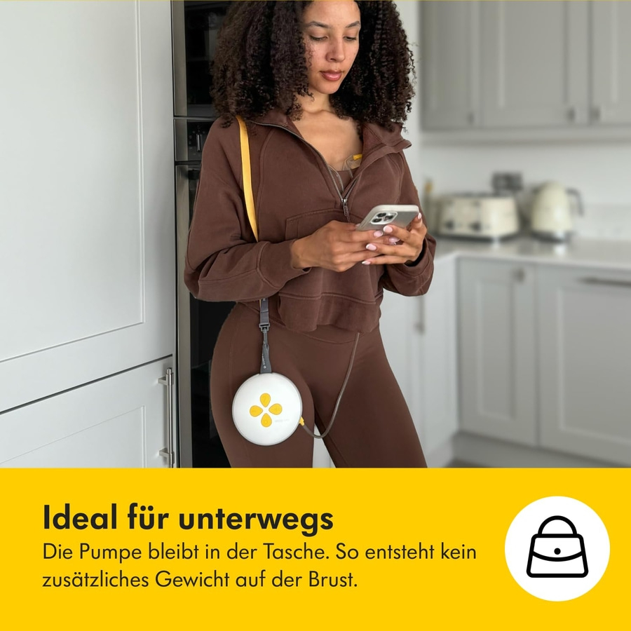Frau mit Handy und Brustpumpe, Text: Ideal für unterwegs.
