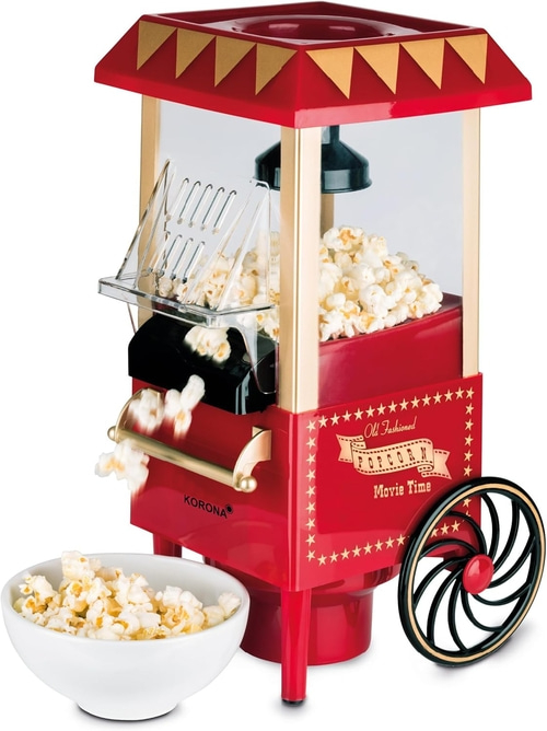 Popcornmaschine im Retro-Stil, rot, mit Popcorn und Schüssel