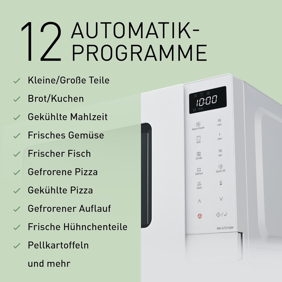 Mikrowelle mit 12 Automatikprogrammen für verschiedene Speisen, wie Pizza und Gemüse.