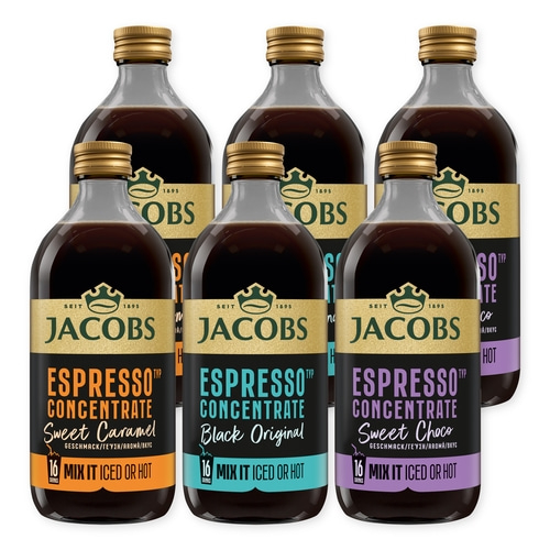 Sechs Flaschen Jacobs Espresso Konzentrat in verschiedenen Geschmacksrichtungen auf weißem Hintergrund.
