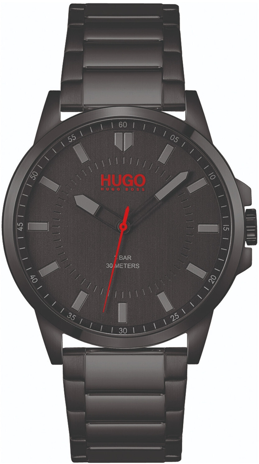 Schwarze Hugo Boss Uhr mit rotem Zeiger und Logo, 30 Meter wasserdicht.