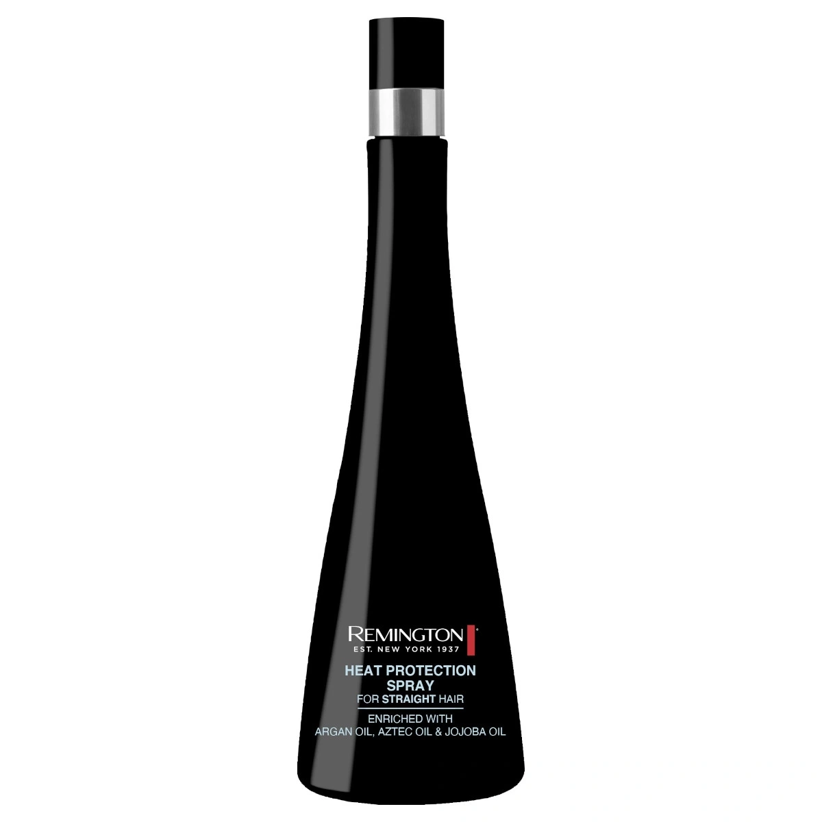 Schwarze Remington Hitzeschutzspray-Flasche für glattes Haar mit Arganöl, Aztekenöl und Jojobaöl.