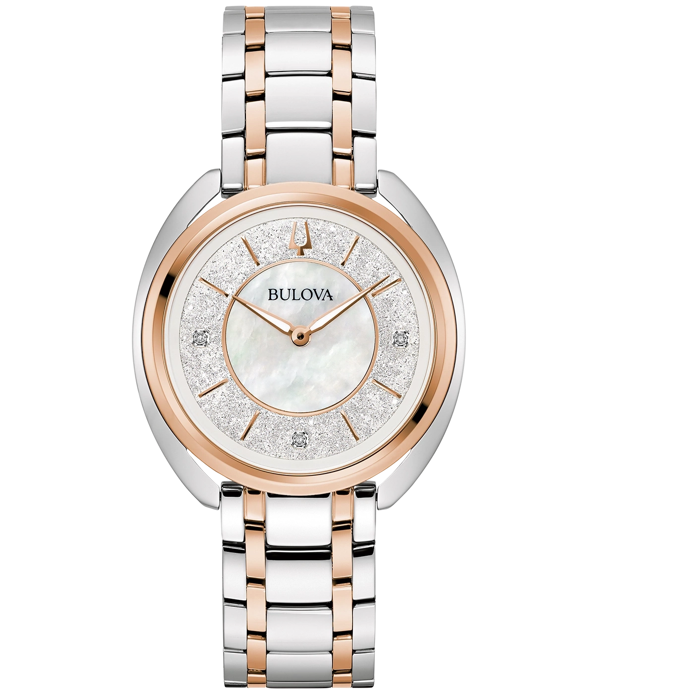 Bulova Damenuhr, silberfarbenes Armband, roségoldfarbenes Zifferblatt, Diamanten, elegant