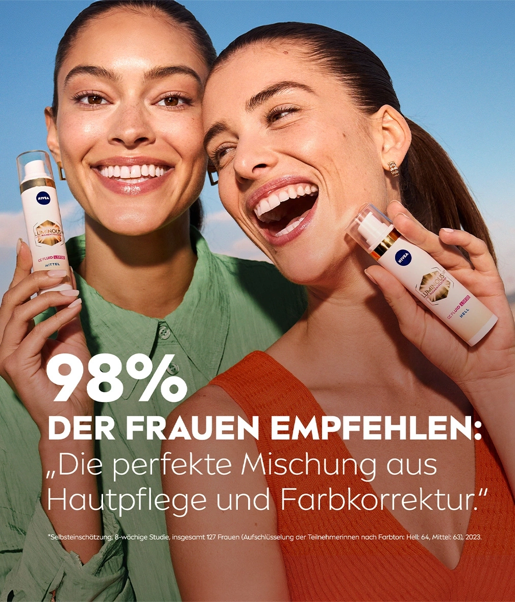Zwei Frauen mit Nivea-Produkt, Text: 98% empfehlen Hautpflege und Farbkorrektur.