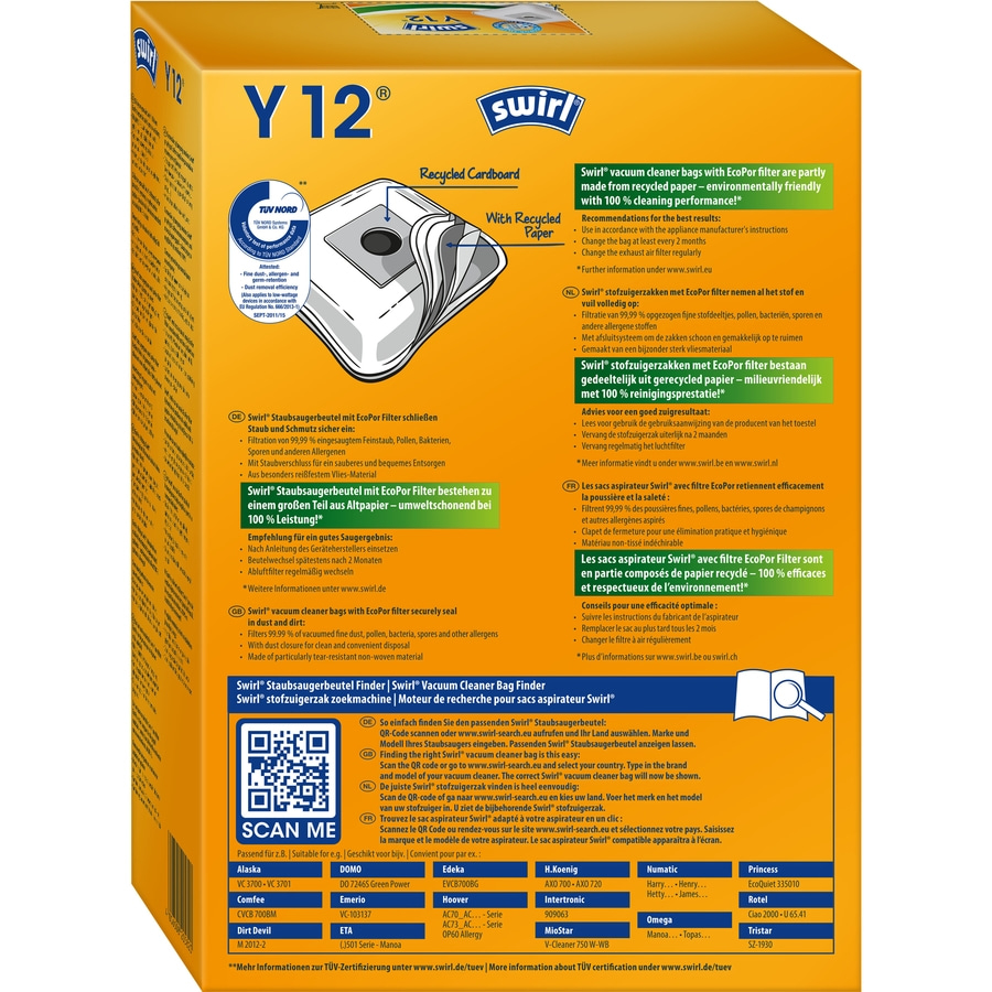SWIRL Staubsaugerbeutel Y 12 EcoPor® für Dirt Devil, Eta, Hoover 12 Beutel