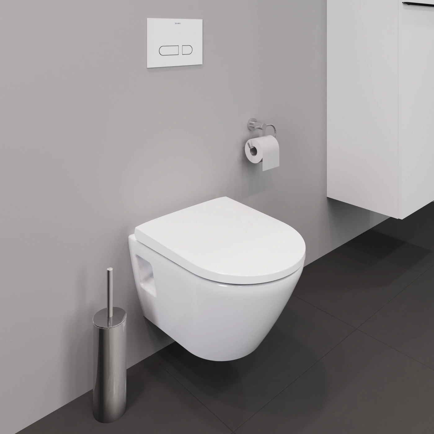Moderne wandhängende Toilette mit Spülkasten und Toilettenbürste