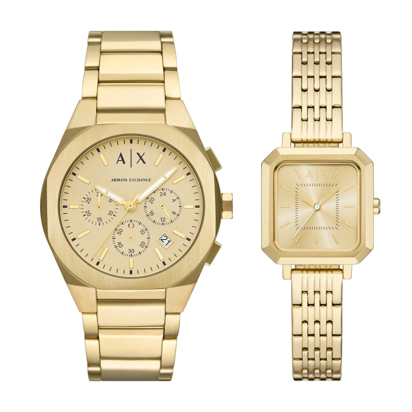 Zwei goldene Armbanduhren, eine rund, eine eckig.