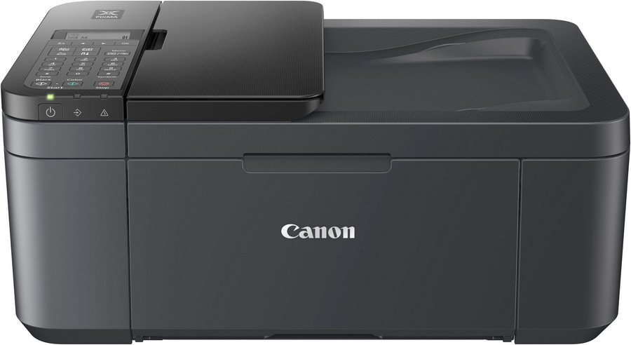 Canon PIXMA Drucker, schwarz, mit Bedienfeld und Logo, für Büro und Zuhause.