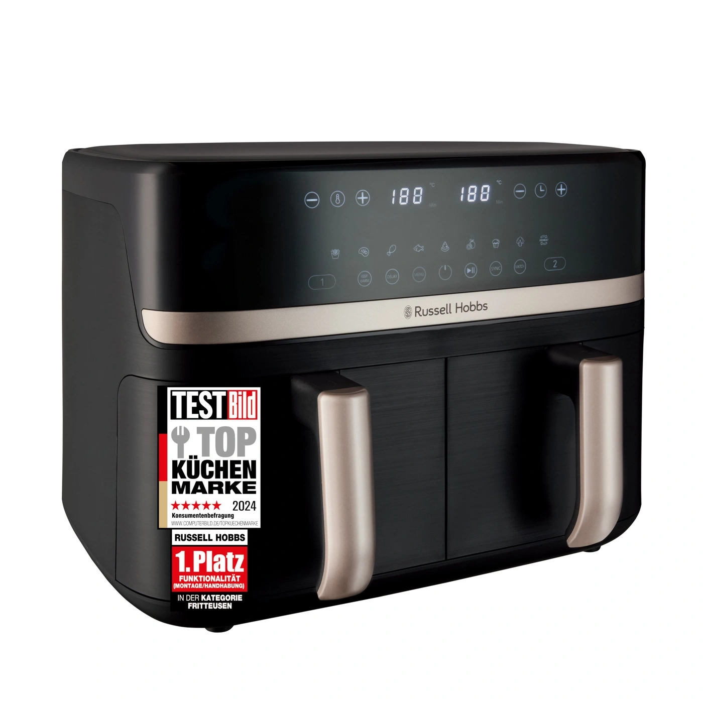 Schwarze Heißluftfritteuse mit goldenen Akzenten und Auszeichnungen von Russell Hobbs.