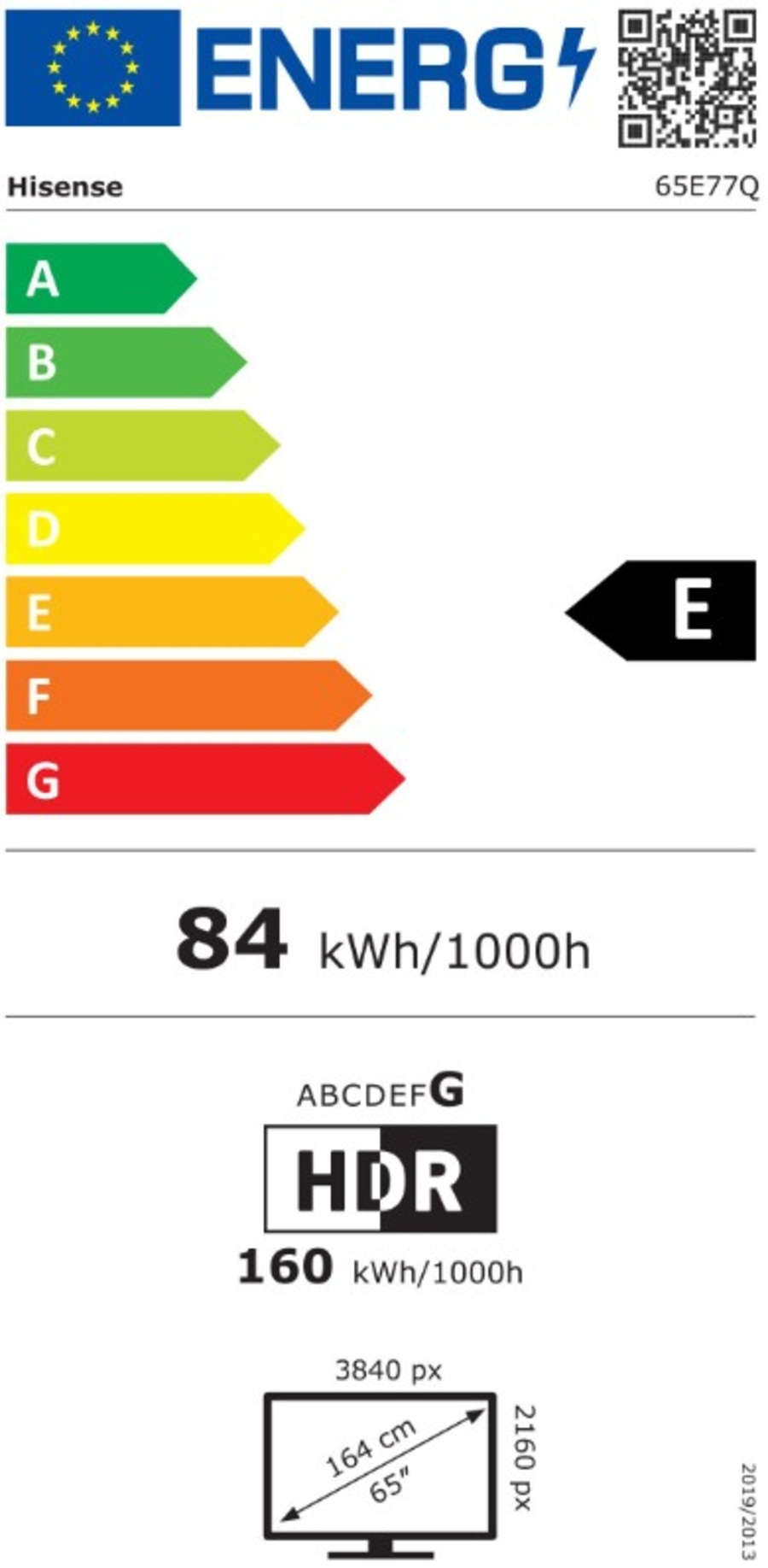 Energieeffizienzlabel für Hisense Fernseher, Energieklasse E, 84 kWh/1000h, HDR 160 kWh/1000h