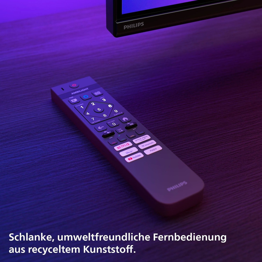Fernbedienung von Philips, schlank und umweltfreundlich aus recyceltem Kunststoff.