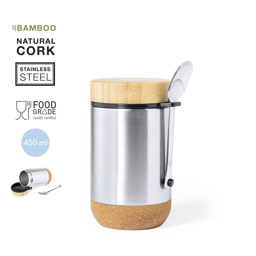 Edelstahl-Becher mit Bambusdeckel, Korkboden und Löffel