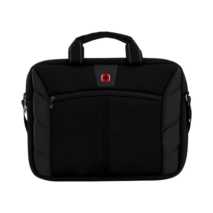 Schwarze Laptoptasche mit Griff und Logo, ideal für den Transport von Geräten.
