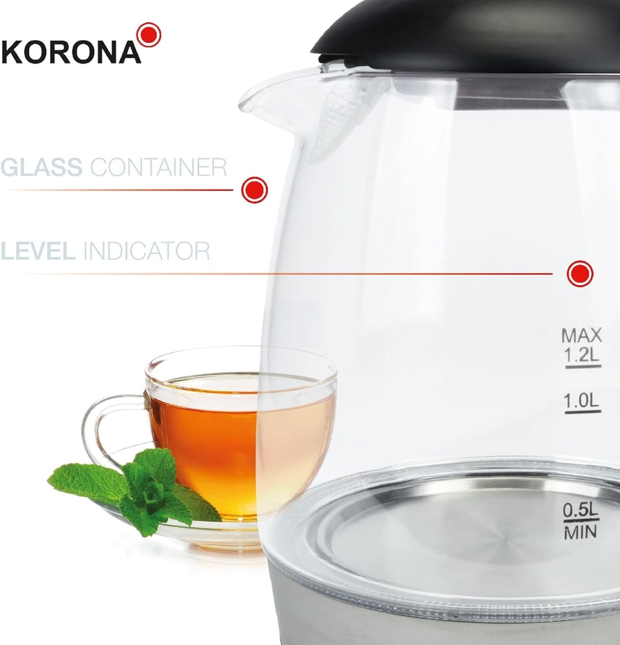 KORONA Glas Wasserkocher 20608 1,2 Liter 2200 Watt Edelstahl LED Beleuchtung NEU