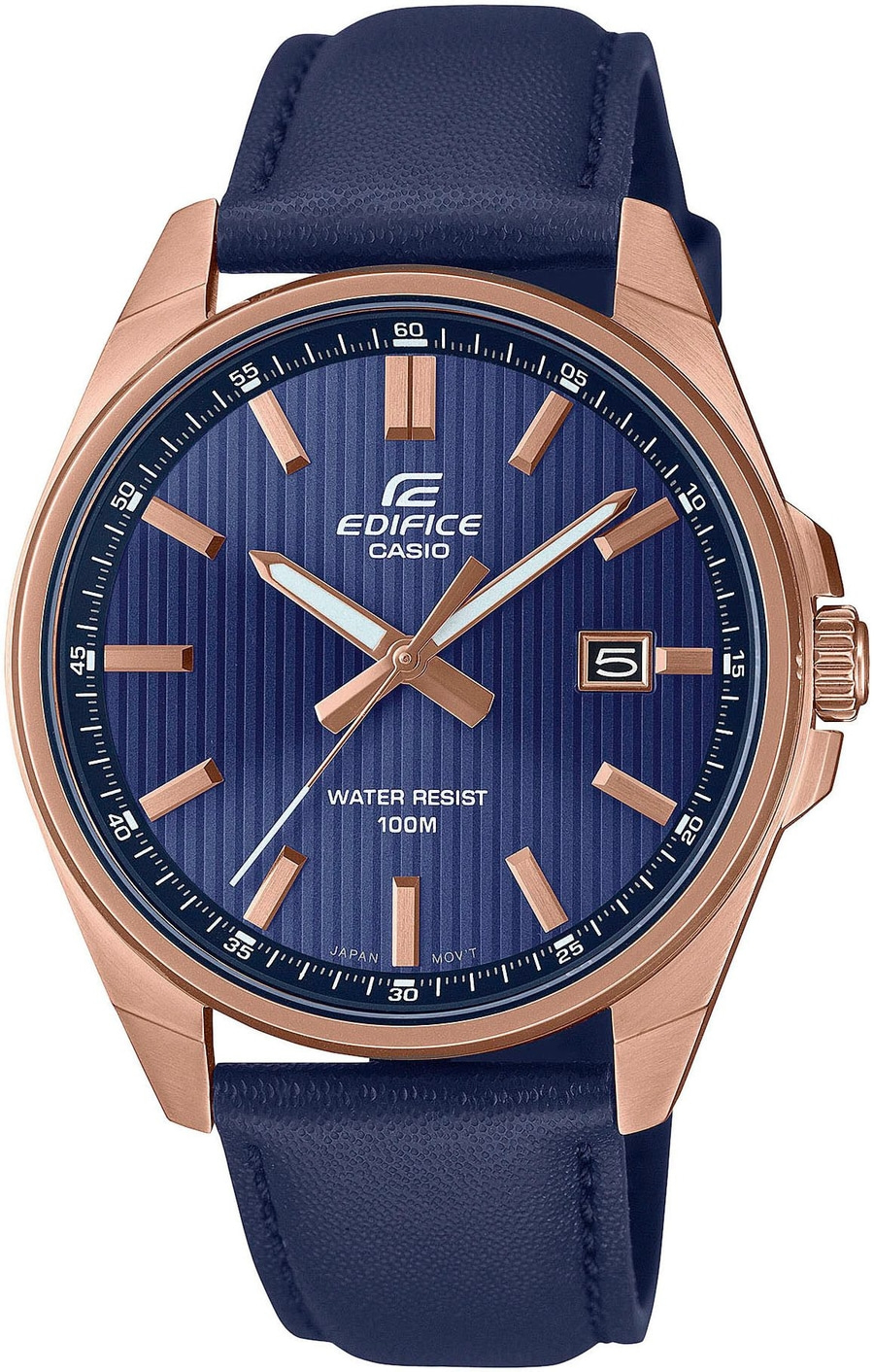 Eine Nahaufnahme einer blauen Casio Edifice Uhr mit rosen-goldenen Akzenten und einem blauen Lederband.