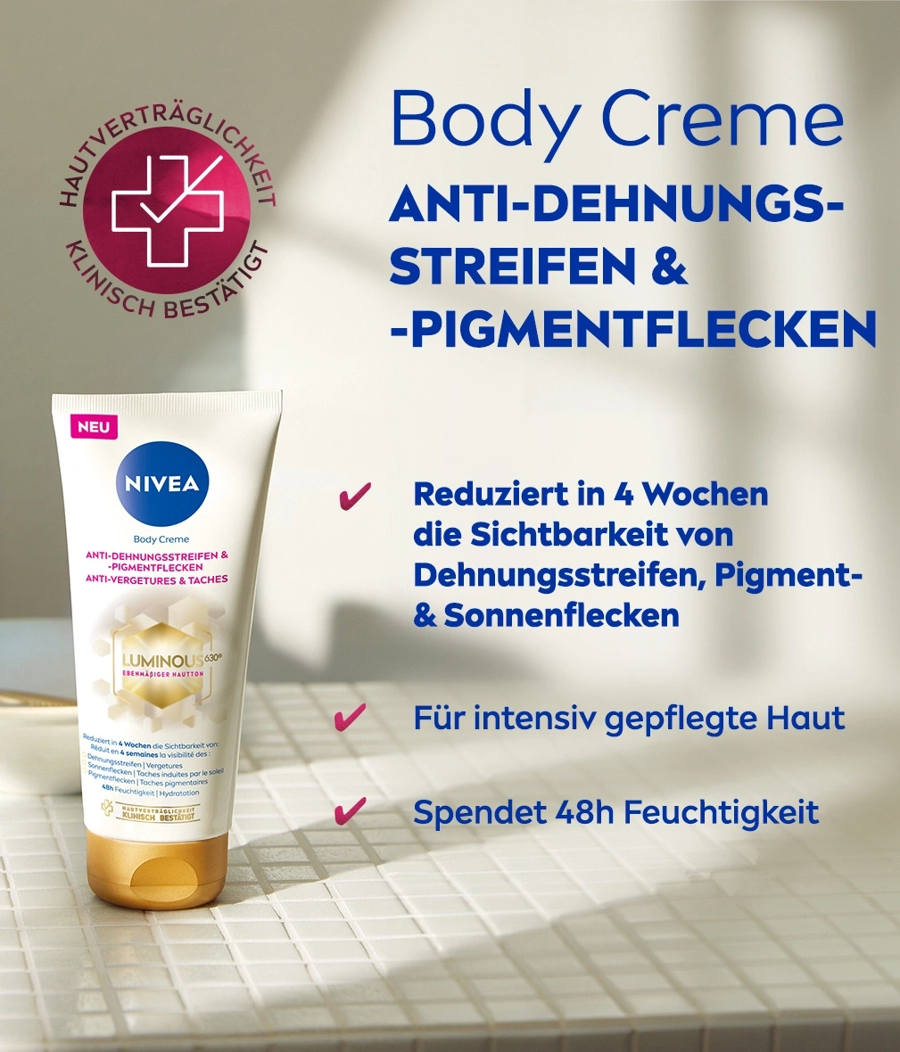 Nivea Body Creme gegen Dehnungsstreifen, Pigmentflecken, spendet Feuchtigkeit.