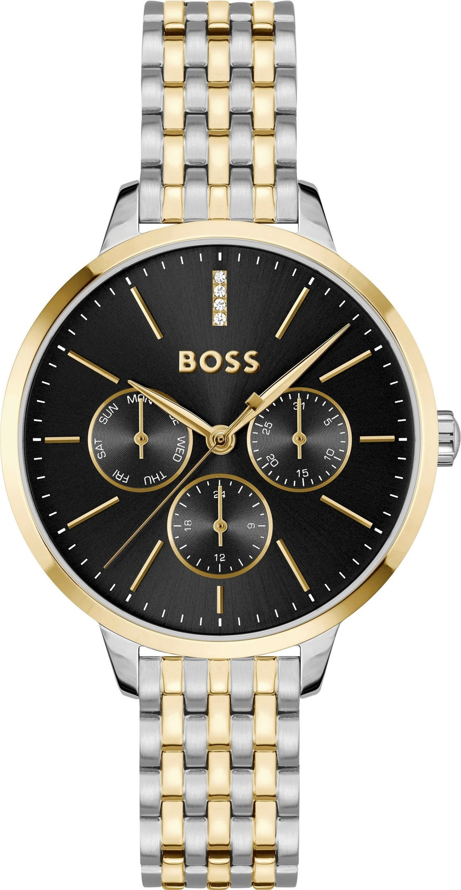 Eine Luxusuhr mit schwarzem Zifferblatt, Goldakzenten und einem zweifarbigen Armband.