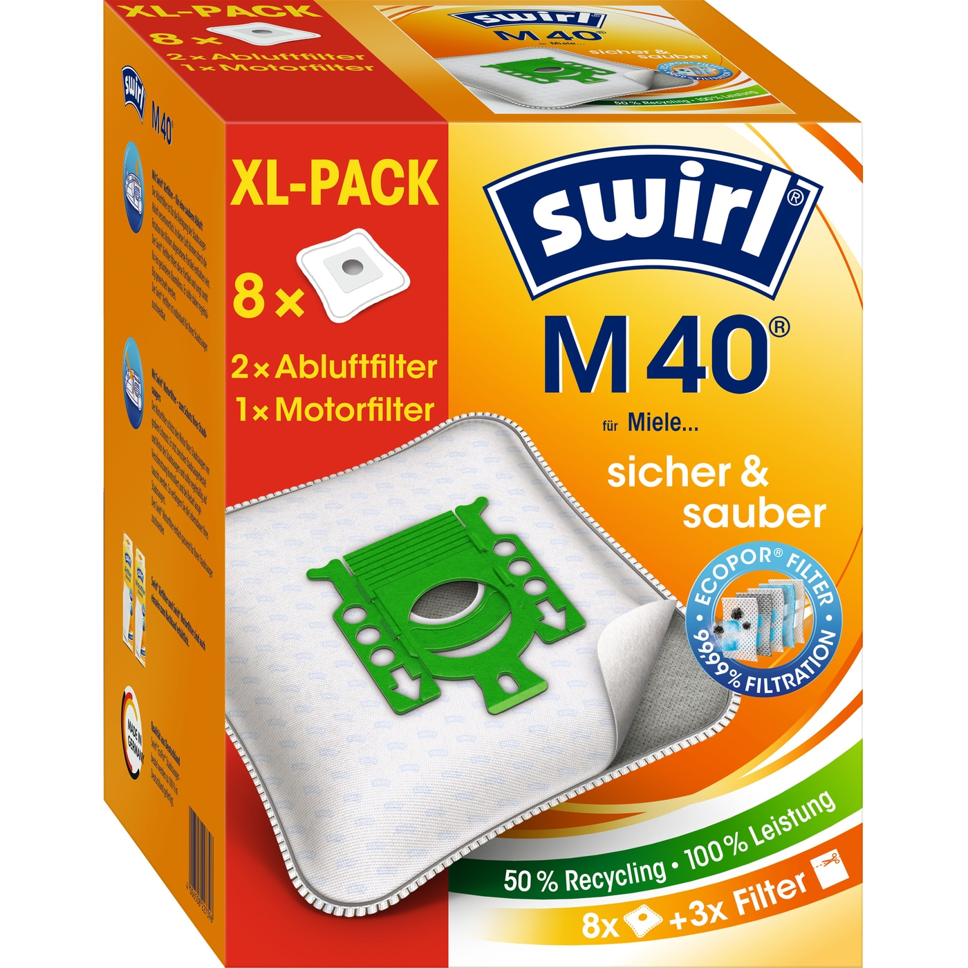 Swirl M40 Staubsaugerbeutel XL-Packung mit 8 Beuteln und Filtern für Miele Staubsauger.