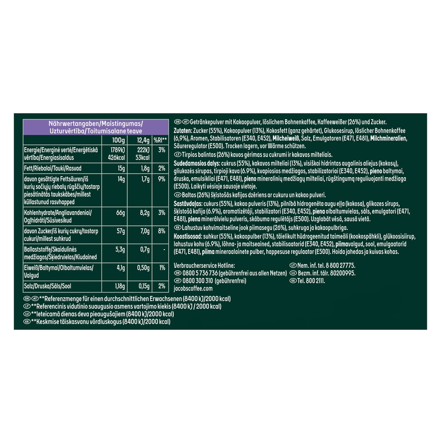Nährwertangaben, Zutatenliste, Kaffeegetränk, Energie, Fett, Kohlenhydrate, Ballaststoffe, Eiweiß, Salz, Referenzmenge