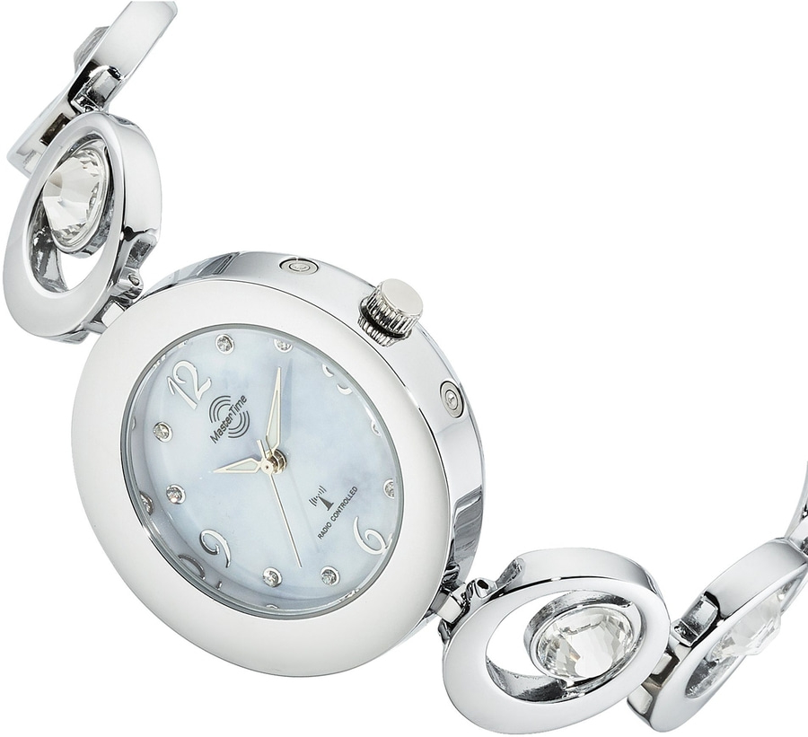 Silberne Damenuhr mit Ziffernblatt, Schmucksteinen und Armband, Nahaufnahme
