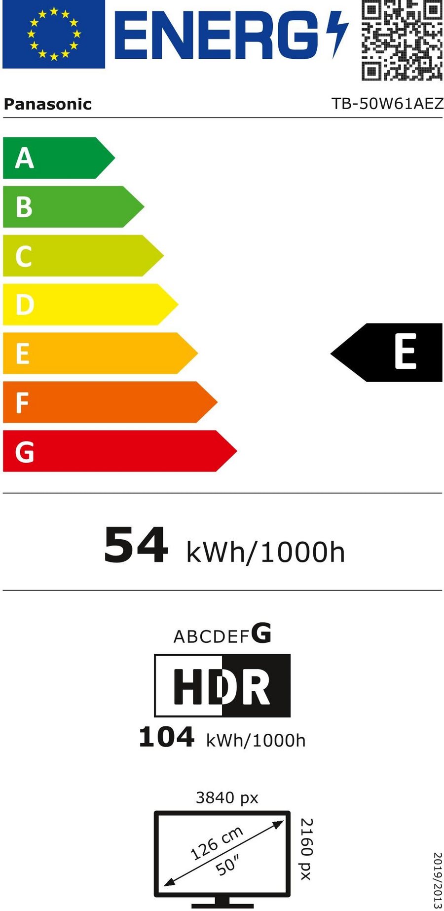 Energieeffizienzlabel für Panasonic Fernseher, Energieklasse E, 54 kWh/1000h