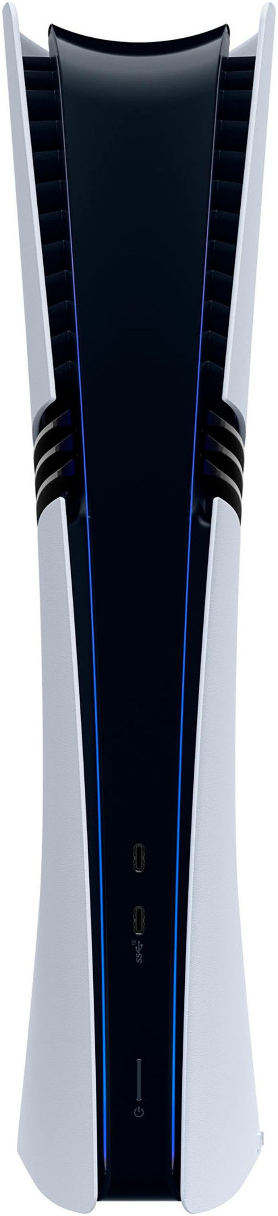 PlayStation 5 Konsole, weiß und schwarz, vertikal stehend, mit blauen Akzenten und Anschlüssen.