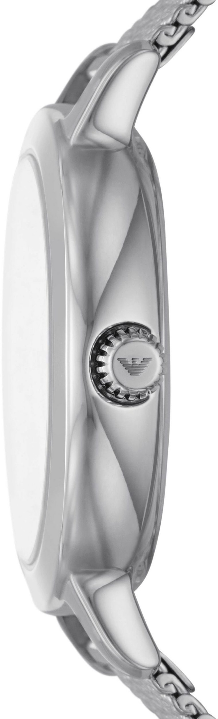 Nahaufnahme einer silbernen Armbanduhr mit Logo auf der Krone