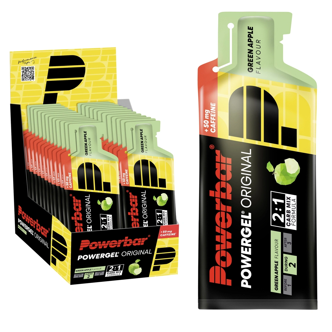 Powerbar Powergel Original Green Apple in einer Schachtel und einzeln.