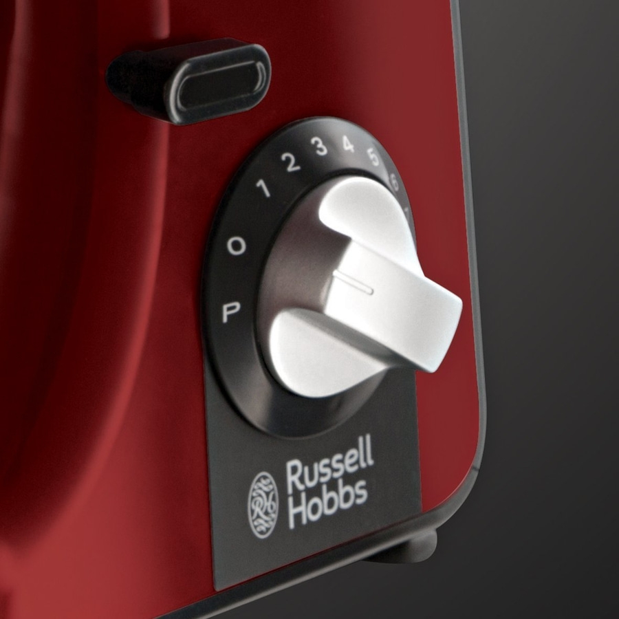 Nahaufnahme eines roten Küchengeräts mit Drehknopf und Russell Hobbs Logo.