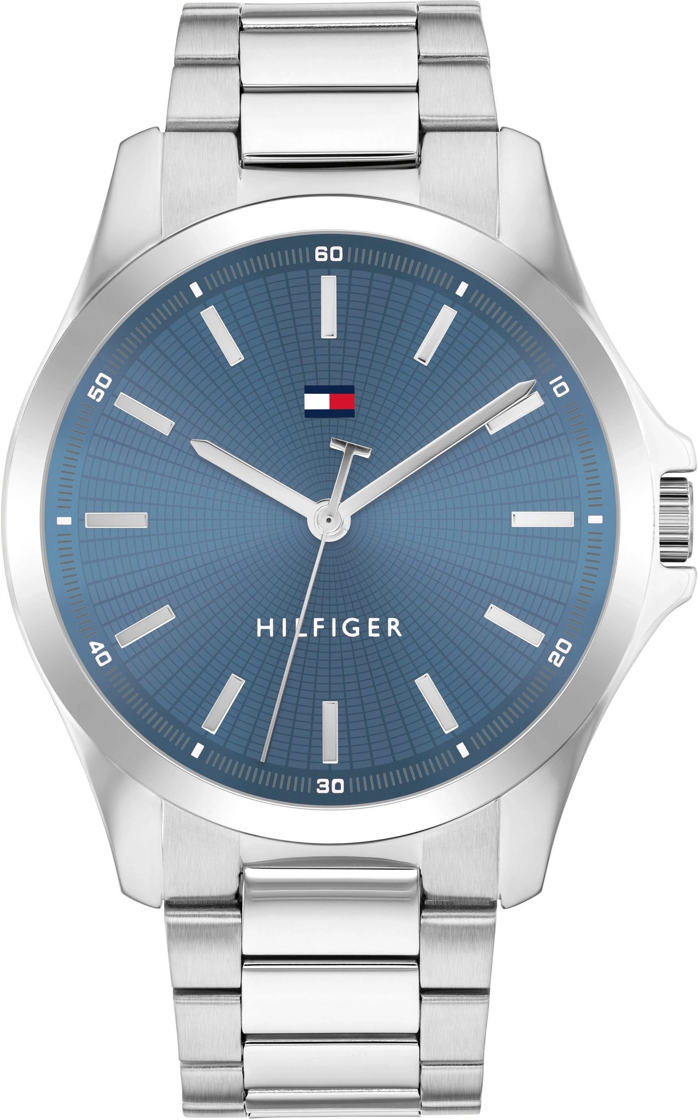 Eine silberne Tommy Hilfiger Armbanduhr mit blauem Zifferblatt und silbernen Indizes.