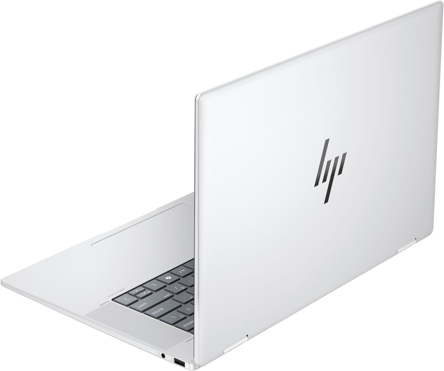 Weißes HP-Laptop mit Tastatur und Logo, das geöffnet ist.