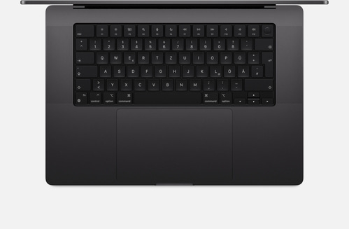 Schwarzes MacBook-Tastatur-Layout mit Buchstaben, Symbolen und Funktionstasten.
