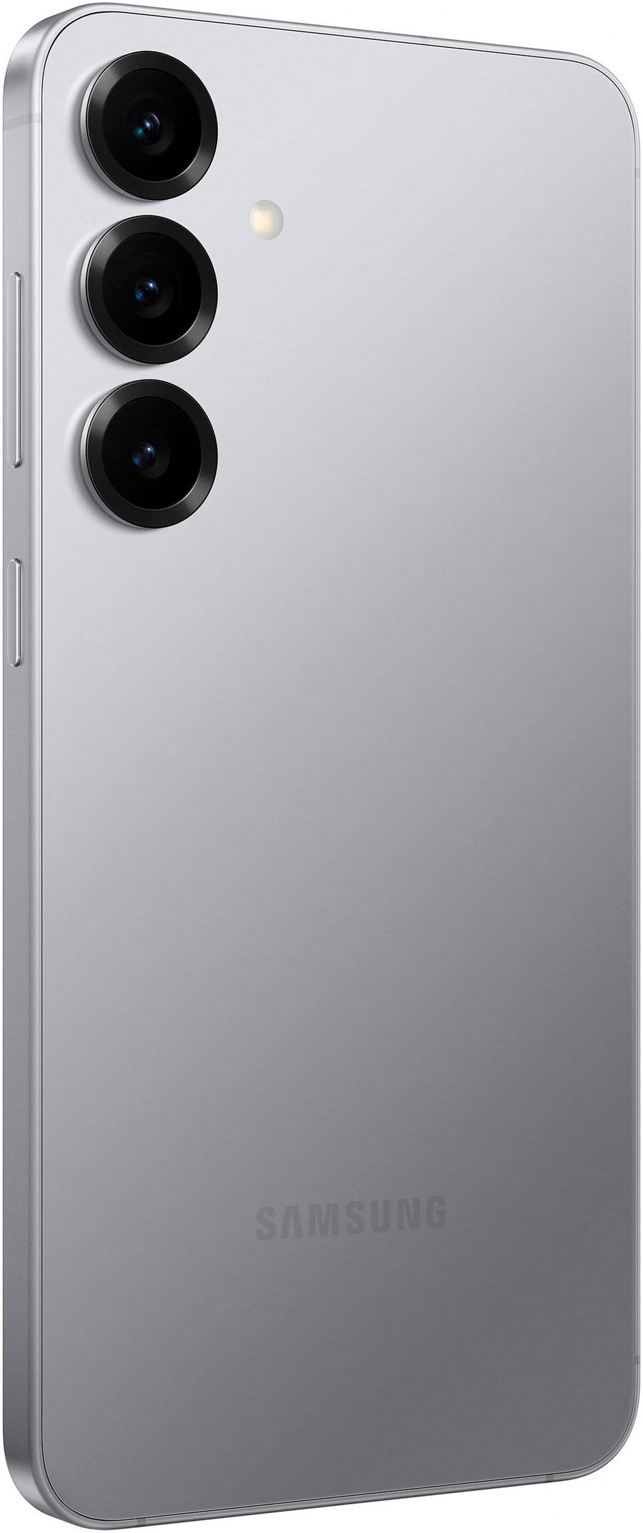 Graues Smartphone mit drei Kameras und Samsung-Logo auf der Rückseite.