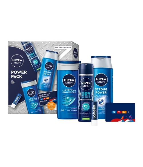 NIVEA MEN Power Pack, 2 x Geschenkset, Pflegedusche Deo Spray Shampoo Labello